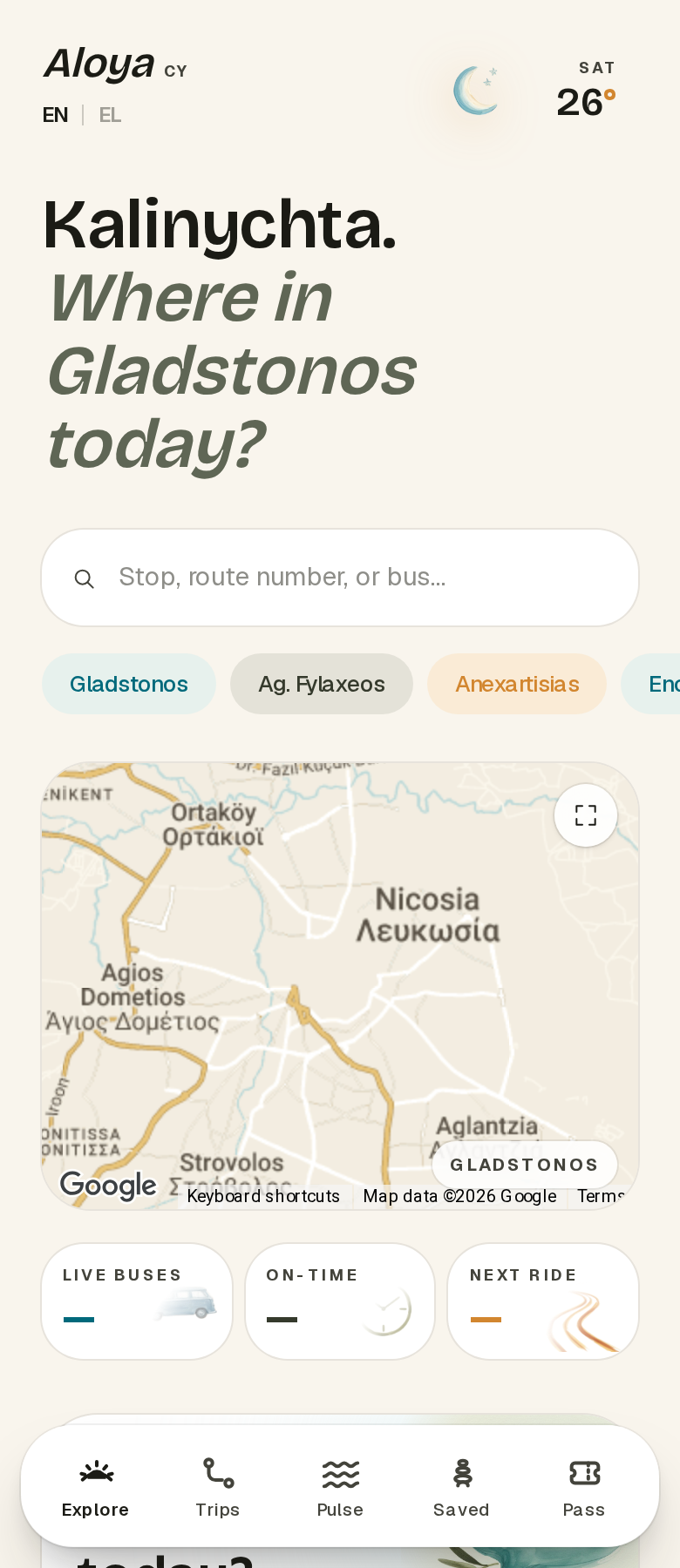 Aloya app home screen with planner search, saved trips, and live ETAs.