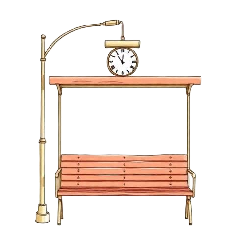 Empty bus-stop bench under a lamp with a wall clock