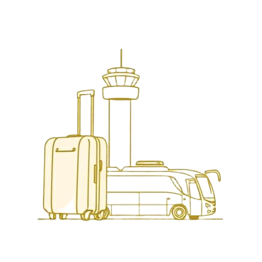 Suitcase, airport tower and coach bus