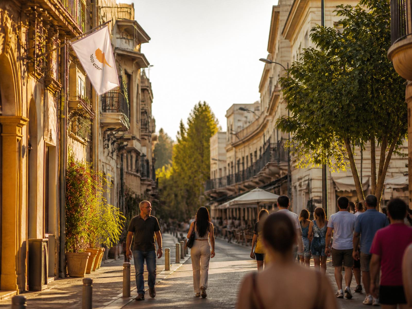 Pedestrians on Ledra Street in Nicosia at golden hour, with a Cypriot flag on a balcony.