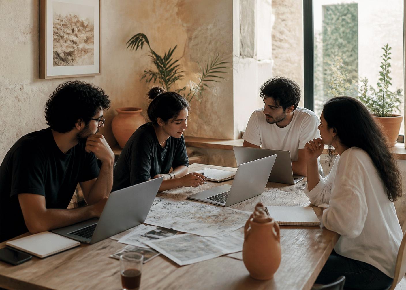 The Aloya team around a wooden table in Nicosia, printed route maps and laptops on the surface.