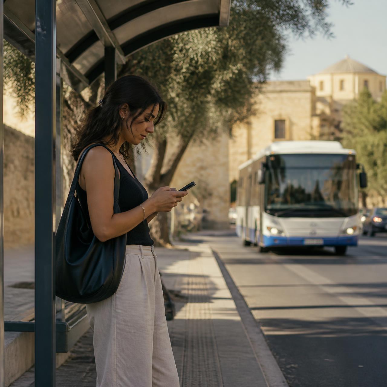 A rider waits at a shaded bus shelter in Cyprus and reads the leave time on her phone while a city bus approaches.