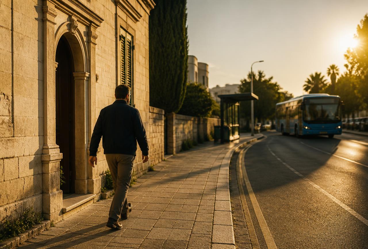 A rider steps out of a limestone doorway in Cyprus and walks toward a bus stop at golden hour.