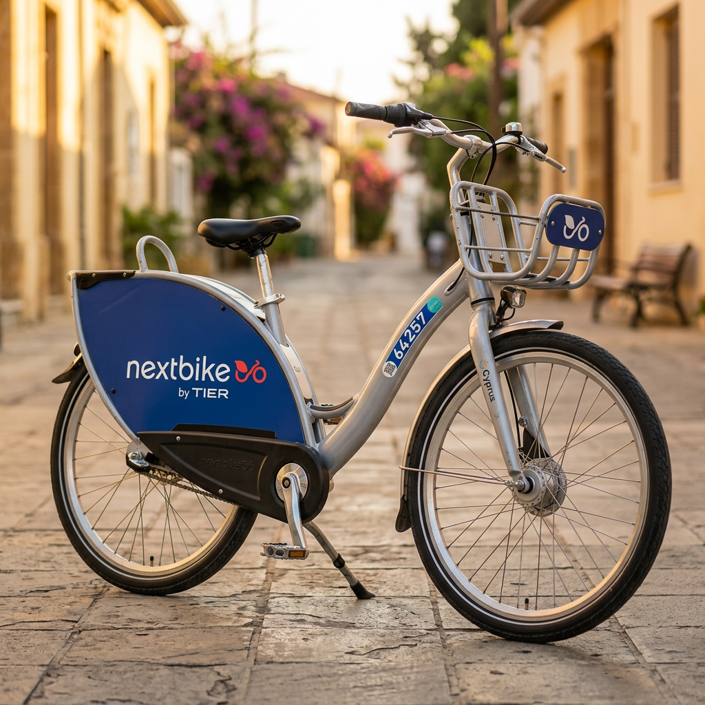 Blue Nextbike shared bicycle docked at the Limassol seafront.