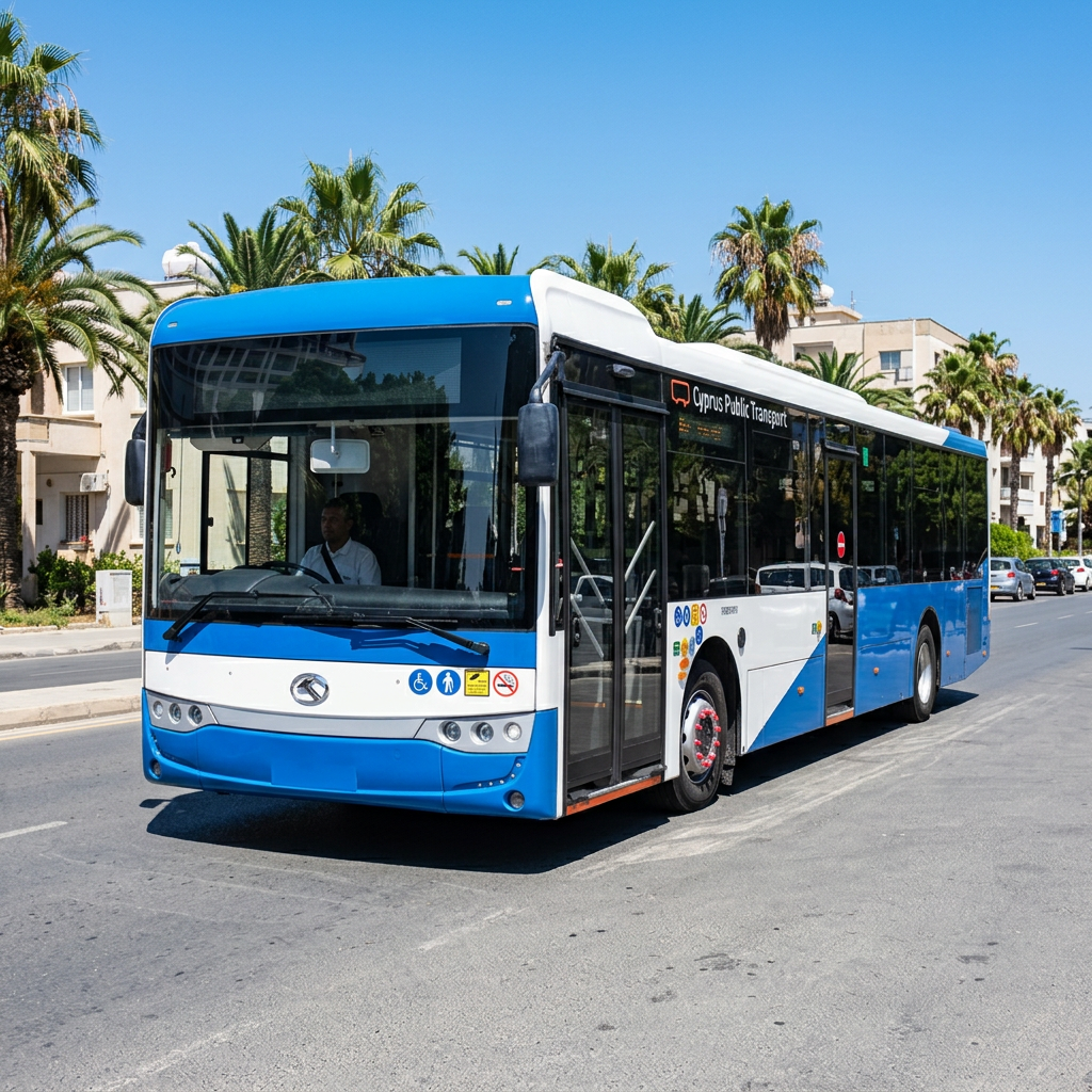Nicosia city bus in Cyprus livery on a sunlit street.
