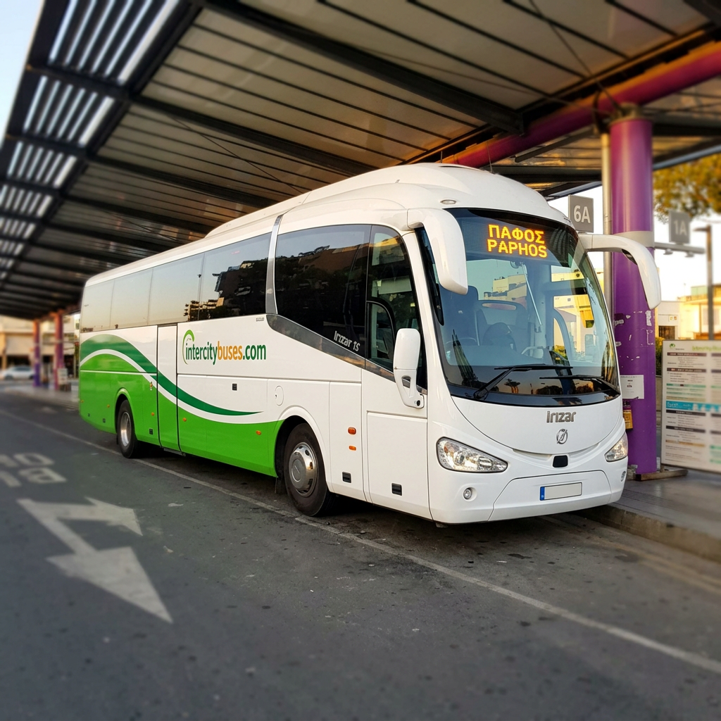Cyprus intercity coach on the highway at dusk.