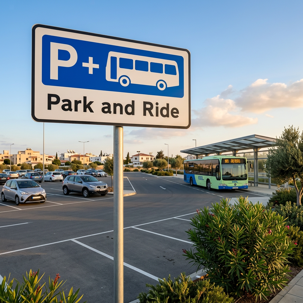 Park-and-ride car park at the edge of Nicosia with a bus shelter.