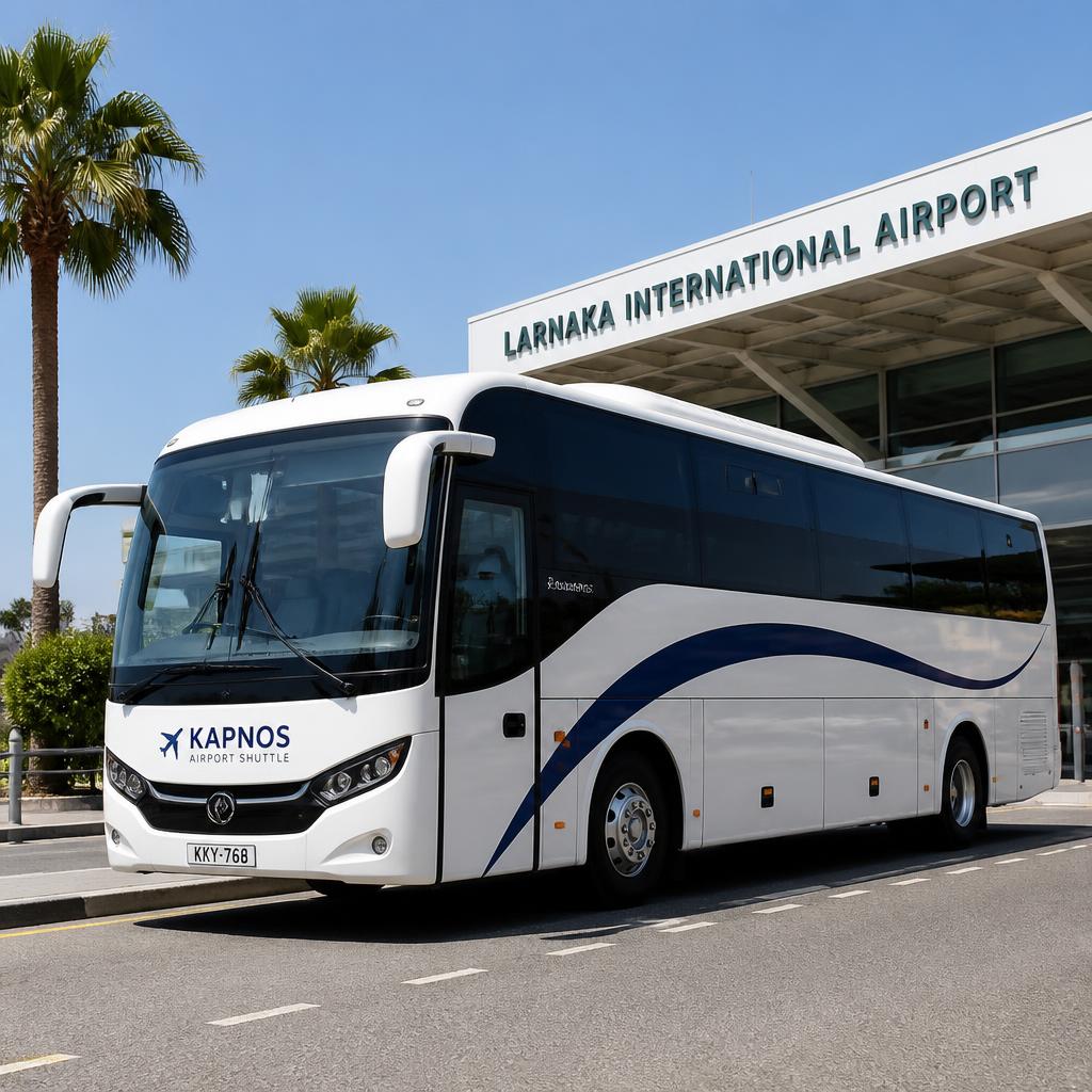 Kapnos airport shuttle at Larnaca terminal curb.
